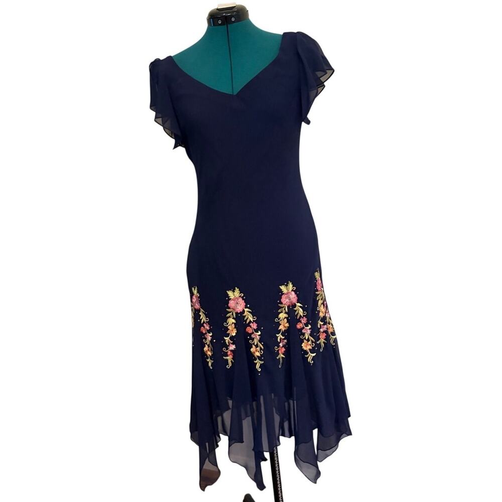 Metaphor Navy Chiffon Dress Floral Embroidered Hem Flutter Sleeve S 8‎
